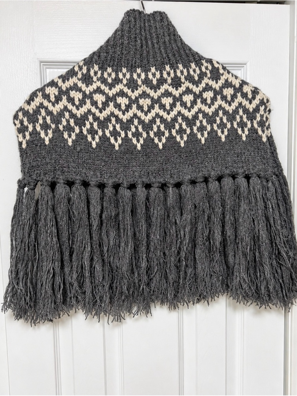 Anthropologie Gray Cream Fringed Turtleneck Collar One Size NWT